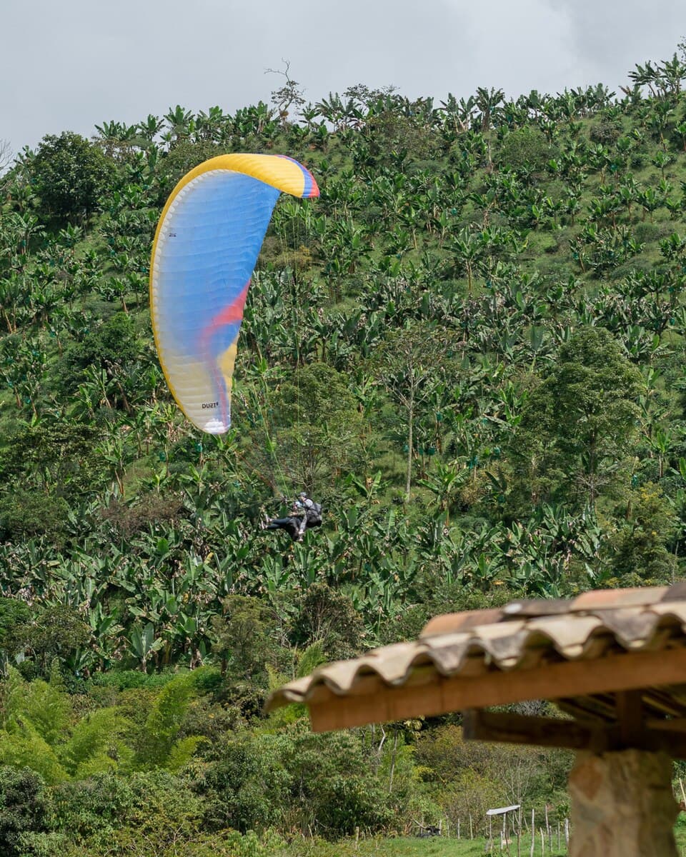La Garrucha cable car crossing the green valley in Jardín, Colombia