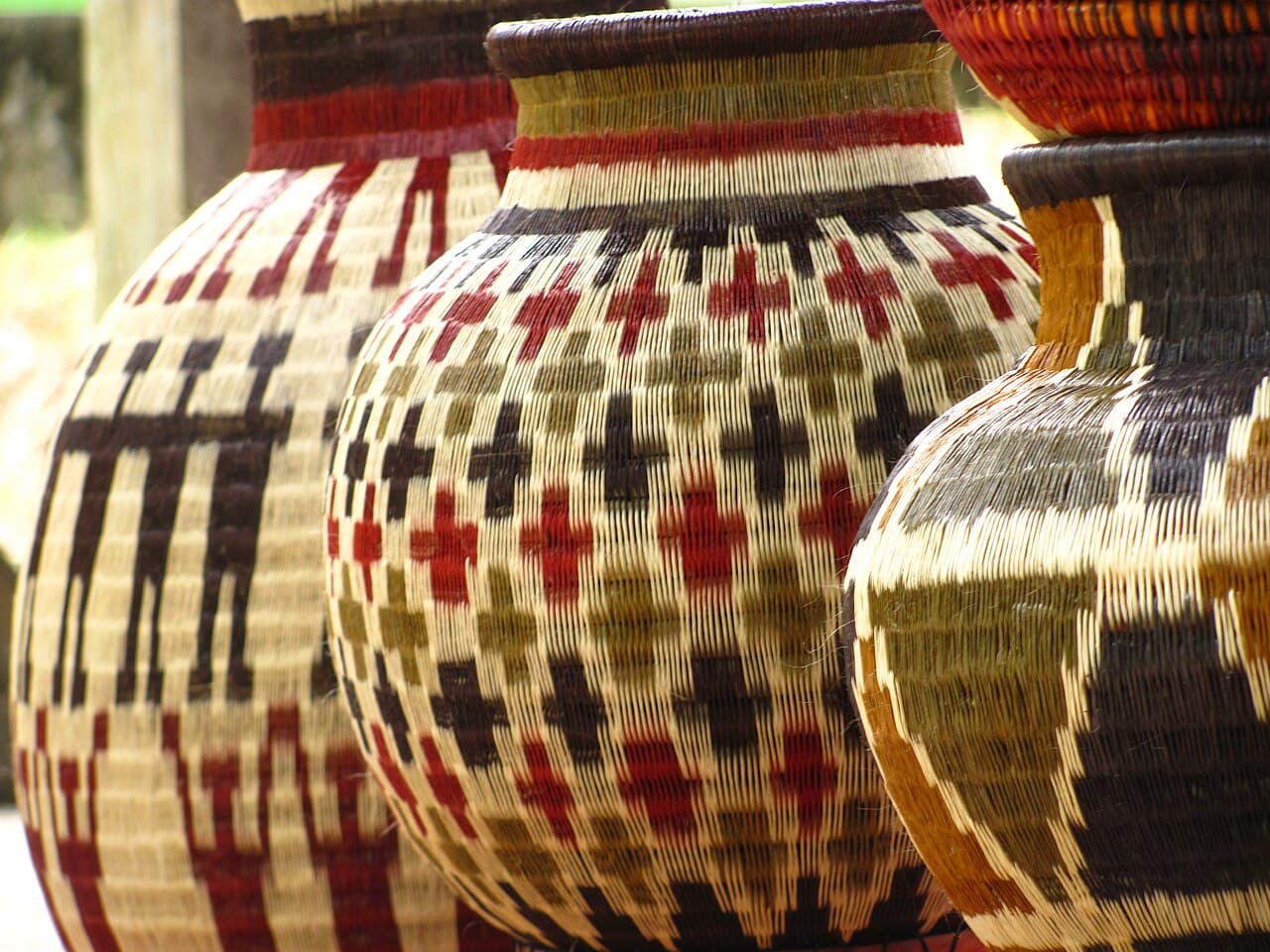 Handmade woven baskets displayed at a market