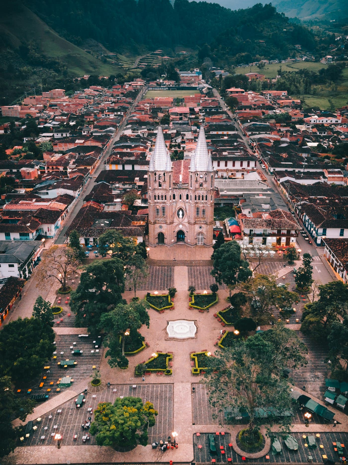 Aerial view of Jardín showing the Basilica and colorful town layout