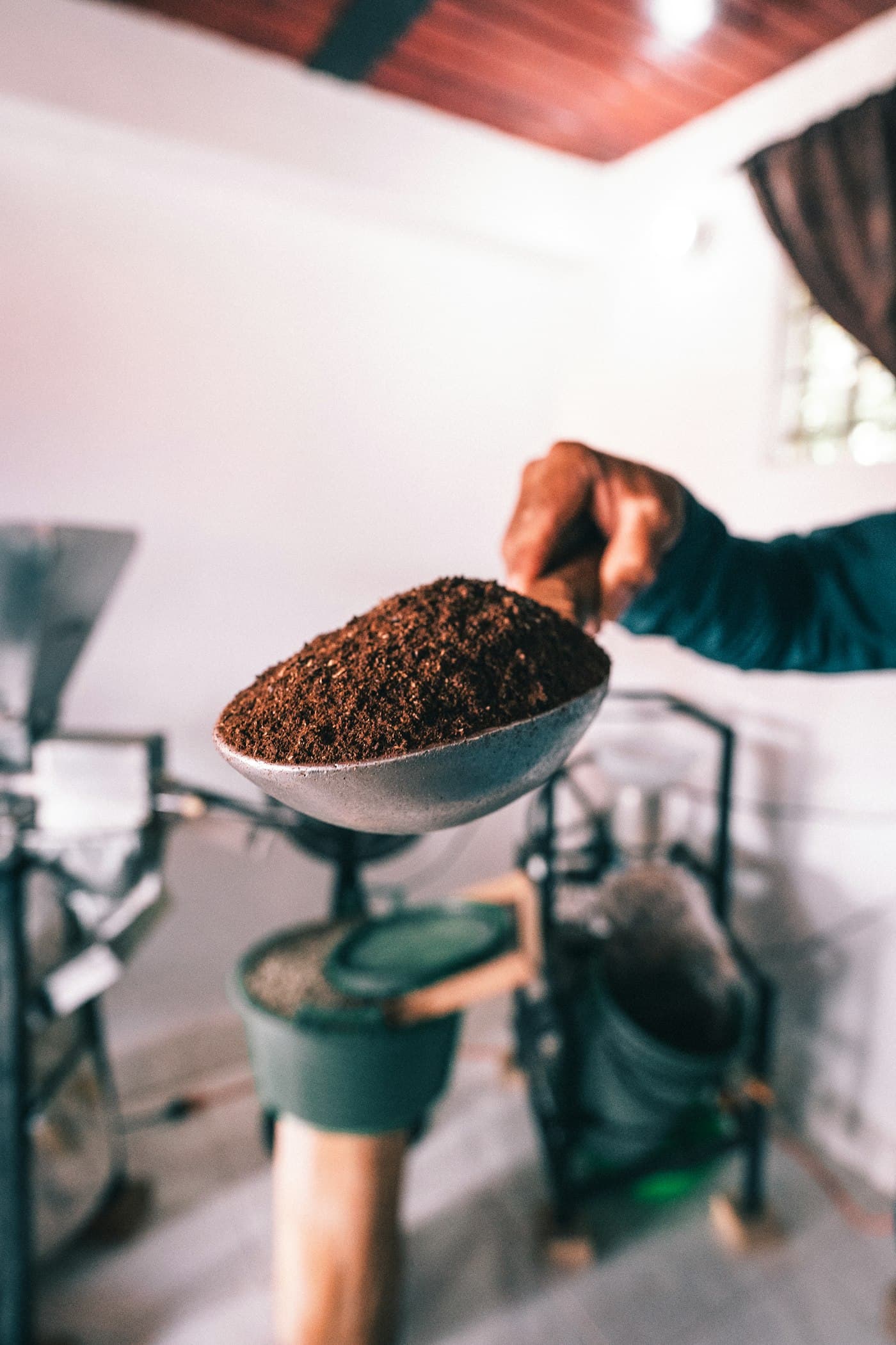 Coffee beans drying on raised beds at a farm near Jardín, Colombia
